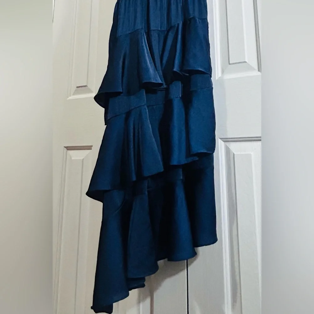 Petal & Pup Seychelles Navy Tiered Ruffle Maxi Dress Halter Satin Evening Dress - Picture 5 of 9